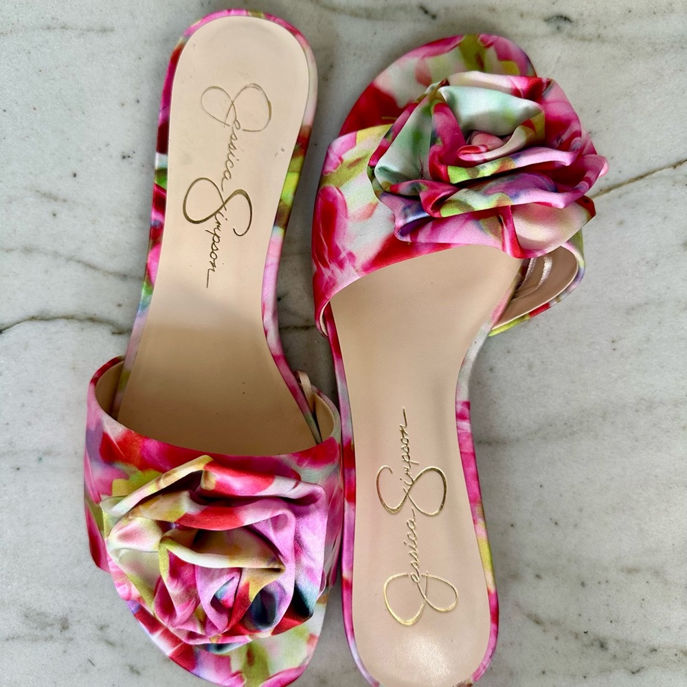 Jessica Simpson Floral Rosette Slide Sandals Pink Satin Mule Flats Size 8 - Picture 5 of 7